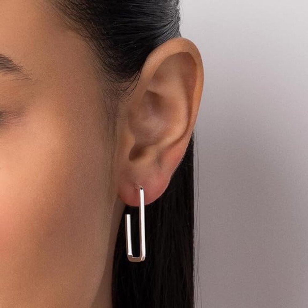 Sterling Silver Hoop and Rectangle Earrings Set - Silver